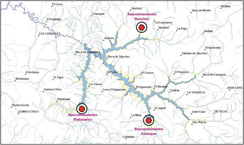 Figure 3. Original resettlement plan with three different locations around the reservoir area.Source: The National Water Secretariat’s (SENAGUA) environmental impact assessment (EIA) social participation material.