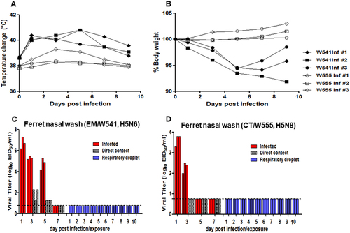 Fig. 5 Replication of Em/W541(H5N6) and CT/W555(H5N8) in ferrets experimentally inoculated via the intranasal route with 106 EID50/ml of each virus.Rectal temperatures and body weights were measured at 1, 3, 5, 7, 9, 11, and 14 dpi (a and b). Individual nasal wash titers are shown for ferrets inoculated with Em/W541(H5N6) and CT/W555(H5N8). To examine transmission, the inoculated animals were individually paired with a direct contact (DC) and a respiratory droplet (RD)-contact animal (1:1:1 setup, triplicate) (c and d). The mean viral titers (log10 EID50/ml) are shown for each group of mammals. The limit of virus detection was 0.7 log10 EID50/ml