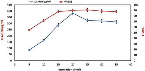 Fig. 4. Effect of time course on the production of CLA at reactions conditions; Castor oil 8 mg, lipase Rhizopus oryzae (0.2 mg/ml); pH 6.5, stirring speed, 150 rpm; temperature 37 °C, cell amount 8% (w/v).