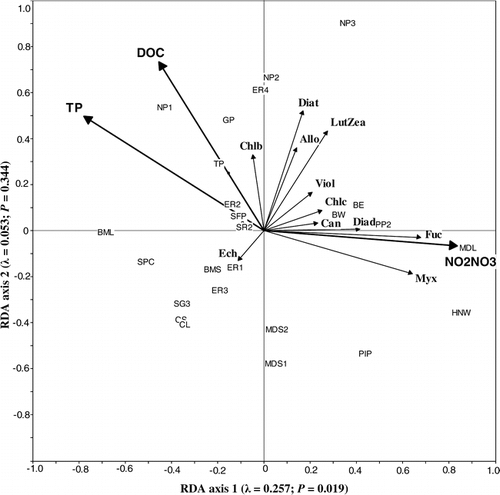 FIGURE 7. Correlation triplot based on partially constrained redundancy analysis representing the influence of nitrite plus nitrate, total phosphorus, and dissolved organic carbon concentrations on epipelon community composition as inferred from pigments from 28 ponds sampled in 2000. The first two axes explain 31.0% of the variation in the pigment concentrations. Each axis is labelled with its eigenvalue and P-value
