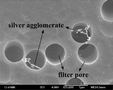 FIG. 1. SEM image of the 1 μm pore diameter Nuclepore filter with 350 nm mobility diameter Ag agglomerates deposited.