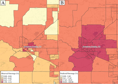 Figure 9 Comparing the (A) observed and (B) predicted patronage probabilities for Downtown Boulder (maps not to scale).