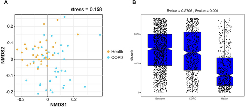 Figure 2 Beta diversity analysis. (A) NMDS of the unweighted_unifrac distance metric. (B) ANOSIM of the unweighted_unifrac distance. Between represents the distribution of two-sample distances between health and COPD. Each scatter point represents the distance between two samples.