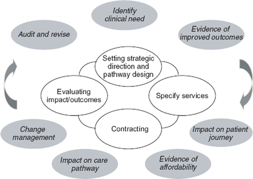 Figure 2. To show the relationship between the commissioning cycle (the central panel) and the steps involved in generating the evidence to address a clinical need or policy problem (the outer, shaded panels).