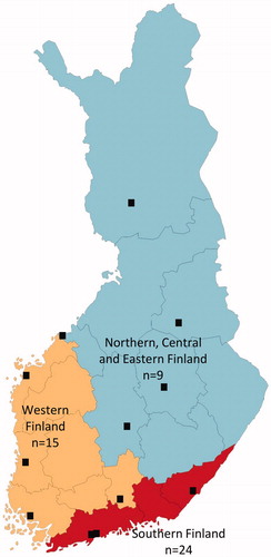 Figure 1. Map presenting study participants at represented hospital district in Finland including the number of patients treated with ustekinumab.