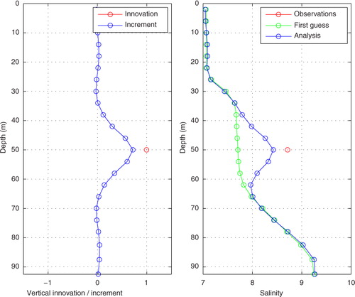 Fig. 8 The result of a single-observation experiment for salinity at 50 m depth with an innovation of +1.0.