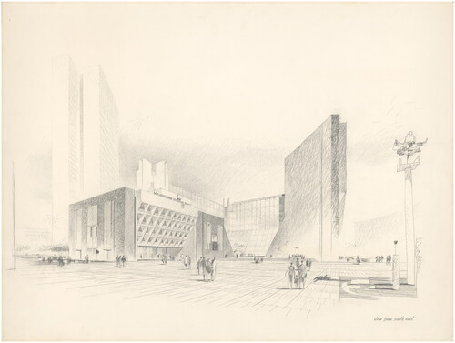Figure 1. View from southeast, Boston City Hall, competition, stage II, 1962, architects Mitchell/Giurgola Architects in association with David A. Crane & Thomas R. Vreeland Jr. Source: Mitchell/Giurgola (collection coll. 267), University of Pennsylvania Stuart Weitzman School of Design Architectural Archives.