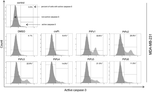 Figure 11. Flow cytometric analysis of populations MDA-MB-231 breast cancer cells treated for 24 h with PtPz1–PtPz6 (20 μM) and cisplatin (20 μM) for active caspase-3. Mean percentage values from three independent experiments (n = 3) done in duplicate are presented. *p <.05 versus control group.