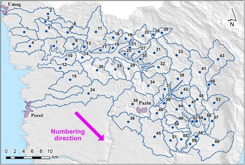 Figure 4. The numbering of the delineated watersheds within the study area.