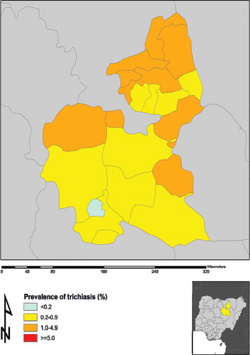 Figure 2. Prevalence of trichiasis in adults ≥15 years, by local government area, Global Trachoma Mapping Project, Bauchi State, Nigeria, 2013–2014.