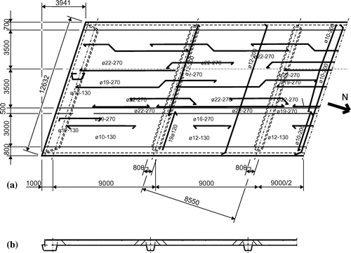 Figure 3. Reinforcement drawing of Ruytenschildt Bridge, showing spans 1, 2 and half of span 3: (a) Plan view; (b) cross section. The structure is symmetric.