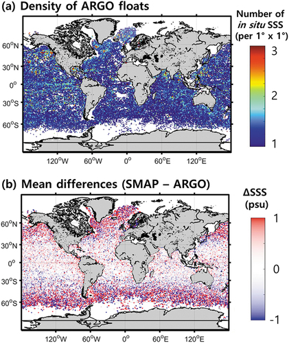 Figure 3. (a) Density of ARGO floats in situ SSS observations per 1° x 1° square collected from April 2015 to December 2020 and (b) spatial distributions of the difference between SMAP and in situ data (SMAP SSS–ARGO SSS).