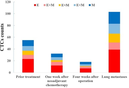 Figure 5 Five patients with stage II osteosarcoma were examined for CTCs at the appearance of lung metastases (median 2.1 years after surgery) on CT.Note: The total number of CTCs was higher at the appearance of lung metastases than before treatment in these five patients.Abbreviations: CTC, circulating tumor cell; CT, computed tomography; E, epithelial; M, mesenchymal.