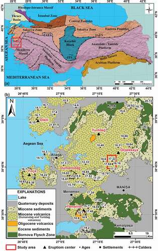 Figure 1. A) Major tectono-stratigraphic units, and suture belts of Turkey (Okay & Tüysüz, Citation1999). b) Distribution of Oligocene – Miocene volcanic rocks in Western Anatolia (simplified from MTA 1/500.000 scaled geology map). Abbreviations: IPS: Intra-Pontide suture, IAES: 3 İzmir-Ankara-Erzincan suture, ITS: Inner Tauride suture