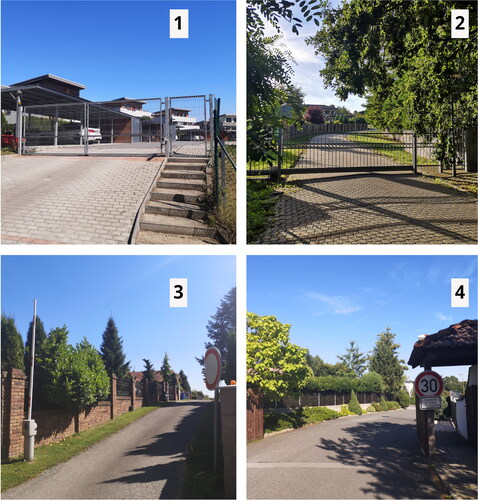 Figure 3. Photographs of gating practices and design. 1) Mid-height fenced gated community in Řitka. 2) Mid-height gate in Jesenice. 3) Lifted up arm gate in Křížkový Újezdec. 4) Open gate in Psáry.Photo: First author.