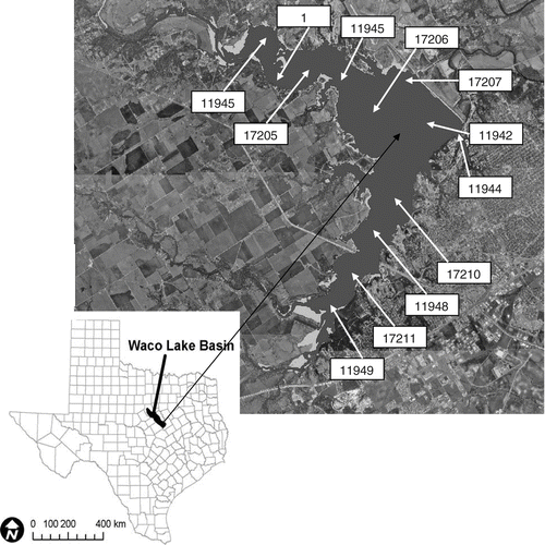 Figure 1 Location of Lake Waco and in-lake sampling stations, Waco, TX.