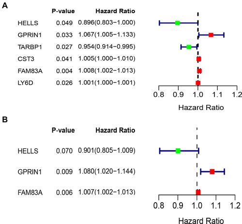 Figure 4 Construction of the risk score signature using 376 DE-HRGs. (A) Univariate Cox regression analysis of six DE-HRGs in TCGA-training set. (B) Identification of three prognostic genes in TCGA-training set and the coefficients constructed using the multivariate Cox method.