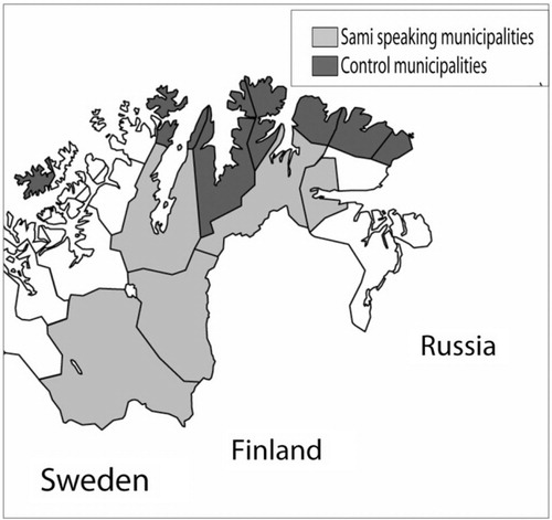 Fig. 1 The figure shows Finnmark County with the municipalities in the Sami and control group, respectively.