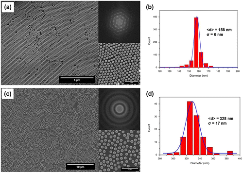 Figure 3. (a) Large-area SEM image of nanodot array (initial NP diameter 220 nm) together with a magnified area (bottom) and a calculated FFT of the image (top); (b) distribution of nanodot diameter to evaluate mean diameter as derived from the image shown in (a). Blue lines: Gaussian fit of the dot size distribution; (c) same as in (a) for a starting NP diameter of 500 nm; (d) same as in (b) but for the image reported in (c).