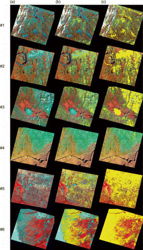 Fig. 6 Snow cover mapping over all studied Landsat-TM scenes: (a) Landsat image in false colours; (b) same as (a) plus original SNOWMAP in yellow; and (c) same as (a) plus modified SNOWMAP with spatial correction in yellow.