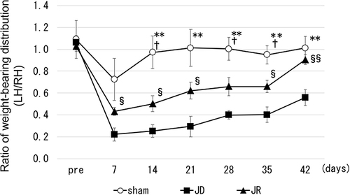 Figure 3 Recovery of postsurgical behavior. Data are presented as the mean ± SEM. n=5 per group. **p<0.01 vs JD, †p<0.05 vs JR, §p<0.05 vs JD, §§p<0.01 vs JD.