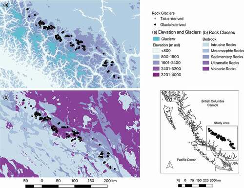 Figure 6. Map of the study area showing the location of the inventoried rock glaciers. The inset maps show the: (a) general terrain elevation of the study area and the location of prominent glaciers and icefields and (b) spatial position and extent of the major regional bedrock classes