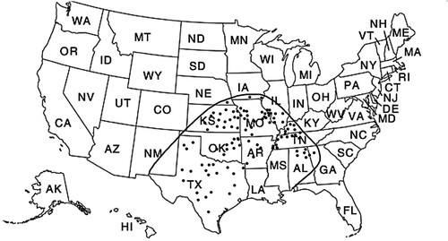 Figure 3. Geographical distribution of the brown recluse spider (Loxosceles reclusa). Black dots represent L. reclusa populations. The highest density of L. reclusa is localized to Texas, Illinois, Missouri, Kansas, Oklahoma, and Kentucky.
