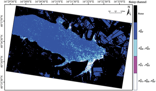 Figure 7. Data quality analysis. False colour composite noise map where red, green and blue colours are used to code pixels which are noisy in VV, HH and HV channel, respectively, according to the considered noise threshold.