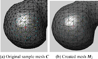 Figure 16. A comparison of the three-ring neighbourhood of a given vertex (numbered 228) in the prototype sample and in the created model.