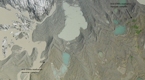 Figure 5. Aerial photograph (NERC ARSF 2007 orthophotograph) extract showing closely spaced and extensively overprinted sawtooth push moraines on the inner foreland. The closely spaced ridge complex comprising the mid-1990s readvance moraine (arrowed) extends across the middle to top right of the image. The post-1965 moraines extend across the lower half of the image.