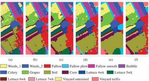 Figure 5. Classification maps obtained by different classifiers for Data III with 16 classes: (a) SVM-EMAP; (b) SVM-MRF; (C) SR-MRF; (d) JSM; (e) JSM-MRF.