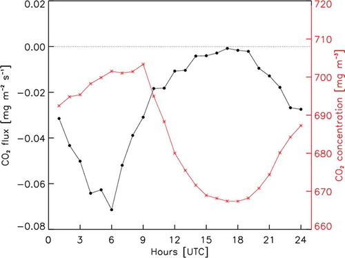 Fig. 8. Mean daily cycle of CO2 flux (left y-axis; circles) and CO2 concentration (right y-axis; stars) during the period June–September 2014.