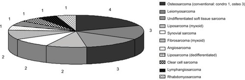 Figure 1 Characteristics of the patients with osteosarcoma (OS) and soft tissue sarcoma (STS).Notes: Four patients with OS and 17 patients with STS were included in this study. Among the four patients with OS, three had osteoblastic (osteo) and one had chondroblastic (chondro) OS. All cases were classified as conventional OS. Meanwhile, liposarcoma, undifferentiated sarcoma, leiomyosarcoma, synovial sarcoma, and fibrosarcoma were the common histological diagnosis among the 17 patients with STS, comprising over 70% of diagnosis. Numbers 1–4 indicate number of patients.