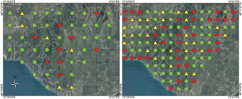 Figure 2. Regular grids have been drawn on the image to obtain a homogeneous distribution of well-“matched” points. Control points have been chosen in close proximity of the nodes of the grid. Green circles indicate areas on the images that are close to visible control points, yellow triangles indicate “bad” points with issue of collimation (since they are located in shady areas of the image), red squares are on the location of grid nodes where it was not possible to find a point to collimate (mountain areas and/or without artifacts). Left panel: GGCPs; right panel: MGCPs. DATUM is ETRS89, frame ETRF00.