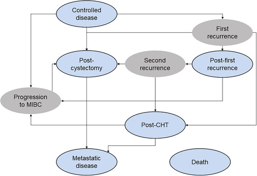 Figure 1. Markov model schematic. Regular Markov states are colored in blue and tunnel states are in grey. The “Death” state is accessible from every other state in the model and is itself an absorbing state. Immediate radical cystectomy is indicated by the arrow pointing from “Controlled disease” to “Post-cystectomy”. Abbreviations. CHT, Chemohyperthermia; MIBC, Muscle-Invasive Bladder Cancer.