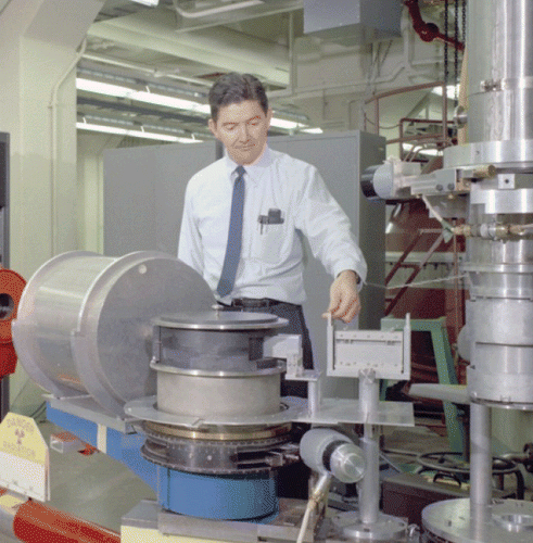Hal Smith at the HB-3 triple axis spectrometer at the HFIR in the 1960's.