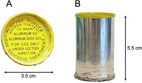 Figure 1. Example of a McIntyre Powder aluminum canister. (A) Top view. (B) Side view. All McIntyre Powder canisters obtained for this study did not display a date of manufacturing, serial number, or lot number information.