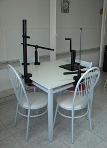 Figure 1 Table with four exercise apparatuses for the arms.