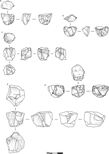 Figure 11. EDAR 135, upper level cores: (a–d) multiplatform; (e) unidirectional. All in quartz. Drawings by M. Ehlert.
