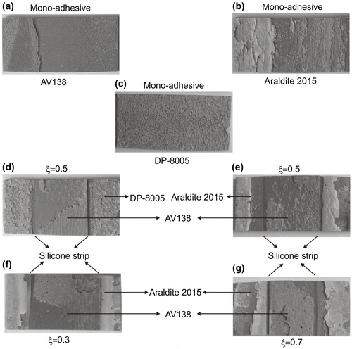 Figure 9. Fracture surfaces of mono and bi-adhesive bondlines.