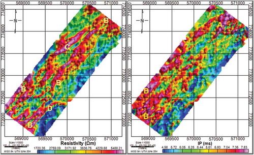 Figure 6. Resistivity and chargeability map showing the location of the MFZ labeled B-B.