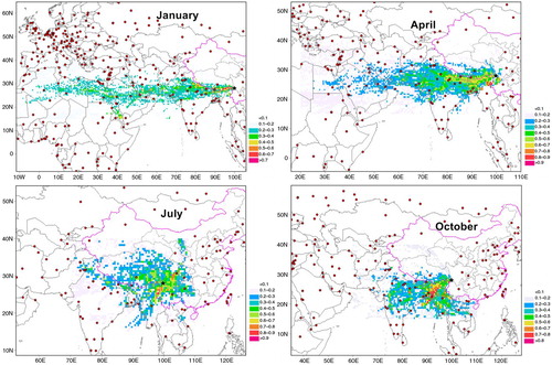 Fig. 7 The Weighted Potential CO Sources Contribution Function (WPSCF) regions calculated from trajectory statistics in January, April, July and October during the observation period (from September 2010 to May 2014). The WPSCF values have an arbitrary unit; higher value indicates a higher probability for a grid cell of CO sources (the largest value is 1). The red dots on the map represent big cities.