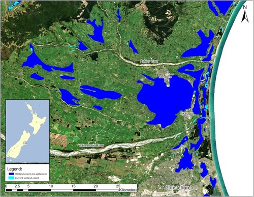 Figure 1. Predicted historic and current extent of coastal wetlands in the study area.Source: Drawn in ArcGIS using data from the Environment Canterbury Open Data Portal: http://data.test.ecan.govt.nz/.