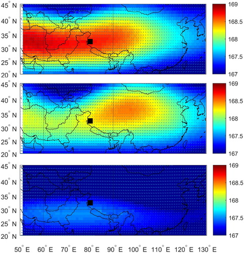 Fig. 1. The distribution of monthly averaged geopotential height (in gpm) and wind field at 100 hPa over central Asia in (a) July, (b) August, and (c) September. The observation site is indicated by a black square.