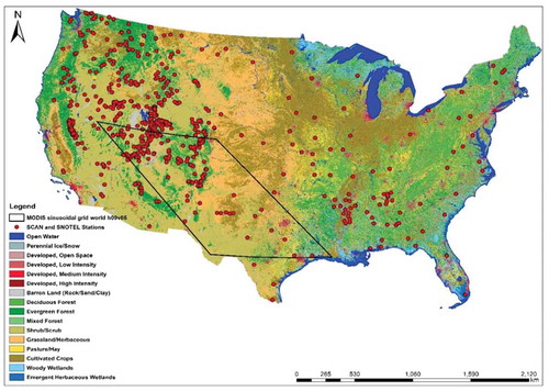 Figure 1. The study area and locations of SCAN site stations and the MODIS sensor tile (h09v05) in the United States