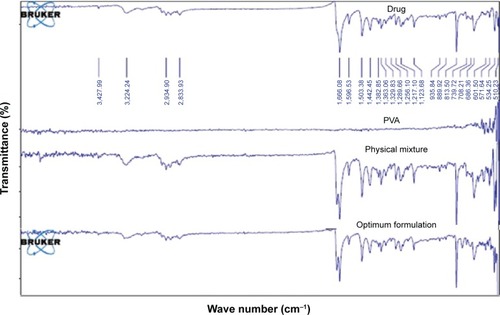 Figure 5 FTIR spectra of finasteride, PVA, physical mixture, and finasteride in the optimum formulation.Abbreviations: FTIR, Fourier-transformed infrared; PVA, polyvinyl alcohol.