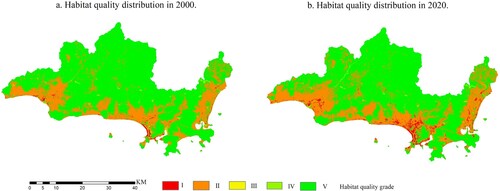 Figure 13. Spatial distribution of HQ in Sanya City in 2000 and 2020.