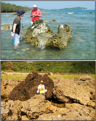 Figure 1. Sampling and measurement of coastal boulder fields: reef-derived carbonate clasts near Chaweng, Ko Samui island, southern Thailand (above), and large clasts of volcanic breccia and limestone on Ludao island, SE Taiwan (below).