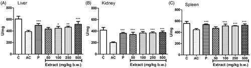Figure 5. Effect of MEFP on GPx levels in liver, kidney and spleen. The values are expressed as mean ± SD. p < 0.05 was considered significant with respect to arthritic control group (*p < 0.05; **p < 0.01; ***p < 0.001).