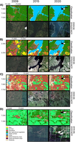 Figure 9. Examples of (A) areas flooded by the Hidrosogamoso reservoir, (B) areas flooded by the El Quimbo reservoir, (C) expansion of palm oil plantations at the expense of wetlands and grasslands, and D) palm oil areas affected by the disease. VHR imagery for 2009 in A (2009/12/05), B (2013/02/15), and C (2009/10/09) provided by ©maxar 2023 in Google Earth pro TM, VHR imagery for 2015 and 2020 in A (2016/06-11, 2020/03), B (2015/12, 2020/08), C (2016/12-2017/05, 2020/06-08), and D (2017/01/25, 2020/01) provided by Planet Labs Inc. ©2020.